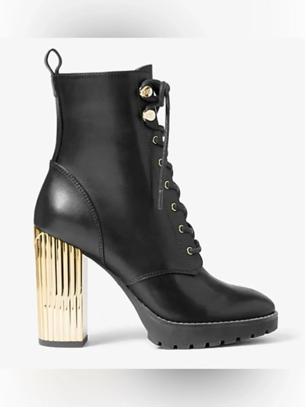 Michael Kors Black Leather Lace Up Ankle Boots Gold Block Heel Size 8 NWOT